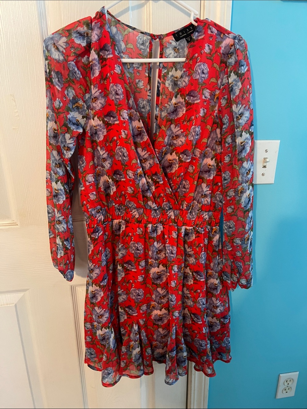 Red Floral Wrap Dress with Purple Blooms